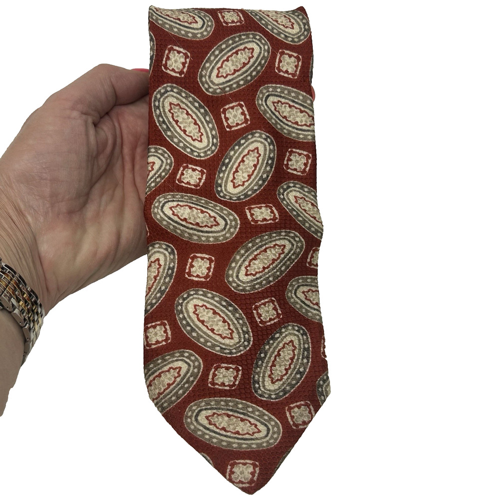 FENDI Silk Necktie Geometric Red Cream Tan Classic Italy